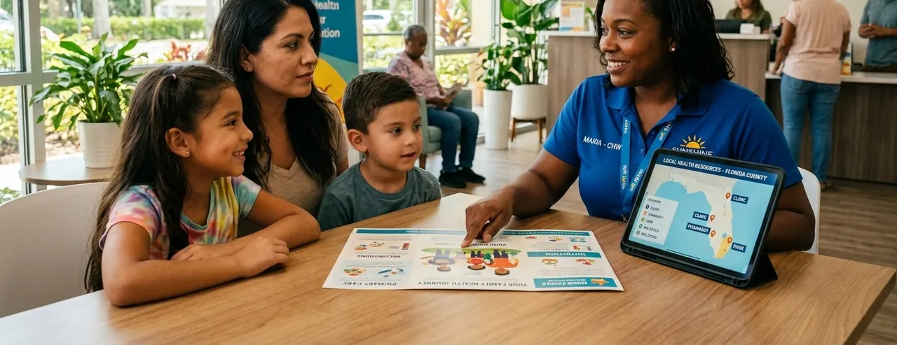 Una promotora de salud comunitaria en una mesa con una madre y dos niños, señalando un folleto junto a una tableta con un mapa de Florida.