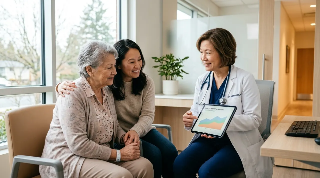 Una profesional de la salud muestra una tableta con una gráfica a una mujer mayor y a la mujer más joven que la acompaña.