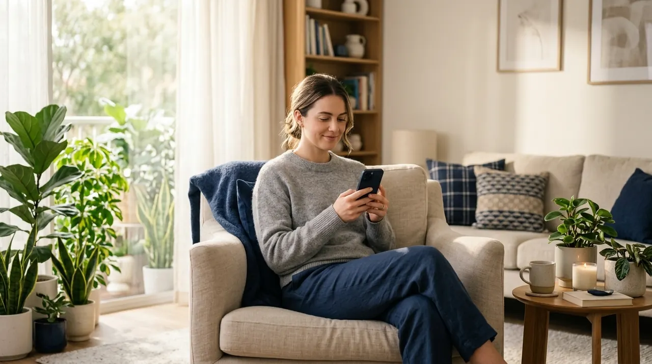 Una mujer sentada en un sillón en casa, sonriendo mientras usa su teléfono.